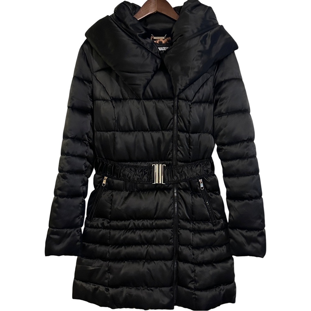 Steve Madden Women’s Long Dress Black Satin Puffer Coat Gold Hardware Size LG